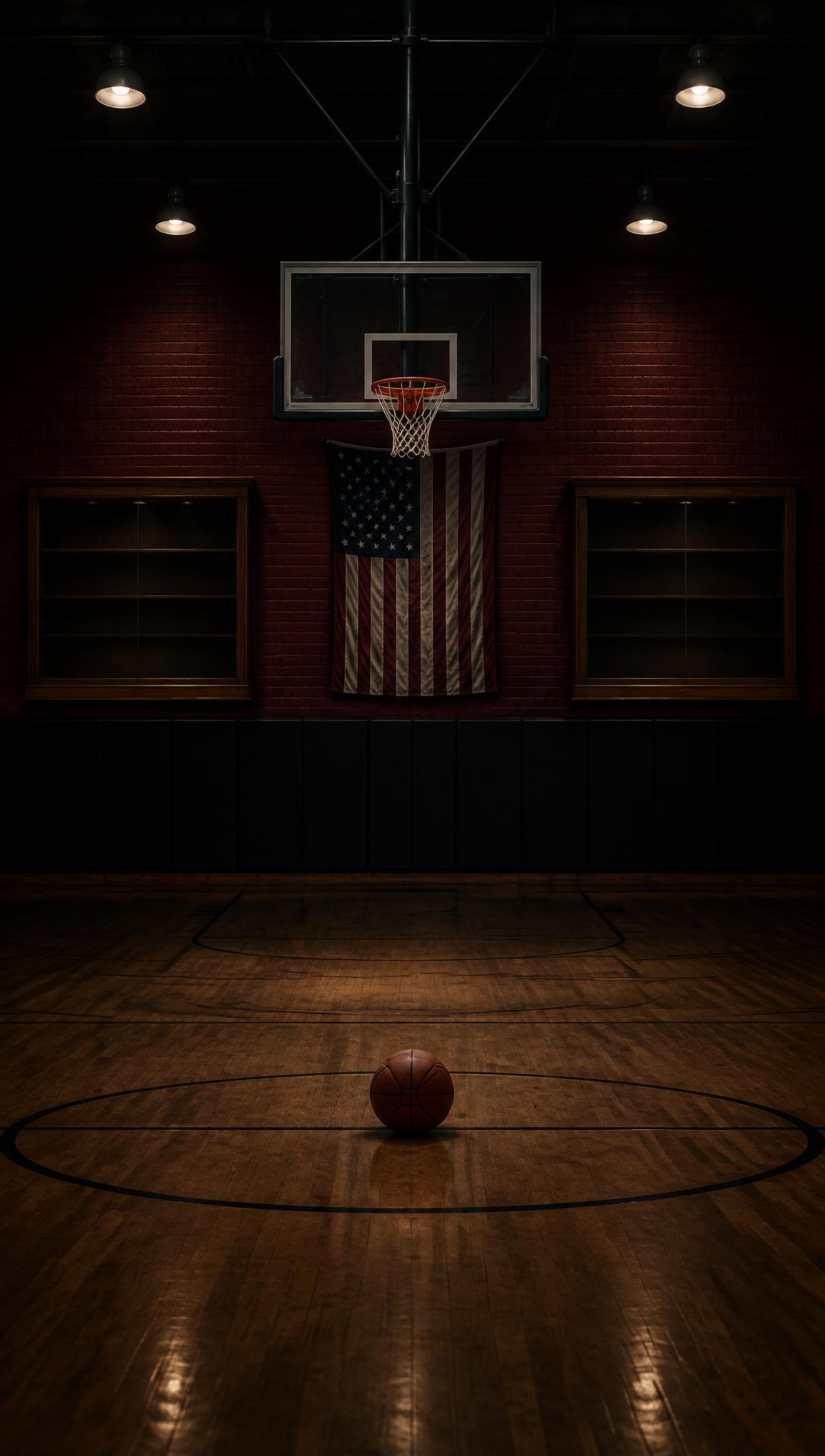 Bulldog gym shrine with American flag and retired jerseys